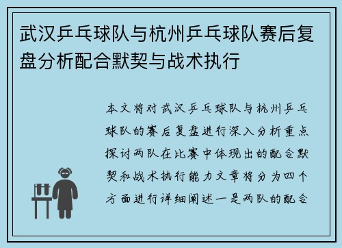 武汉乒乓球队与杭州乒乓球队赛后复盘分析配合默契与战术执行