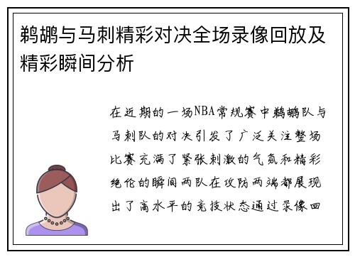 鹈鹕与马刺精彩对决全场录像回放及精彩瞬间分析