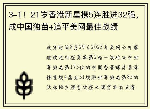 3-1！21岁香港新星携5连胜进32强，成中国独苗+追平美网最佳战绩